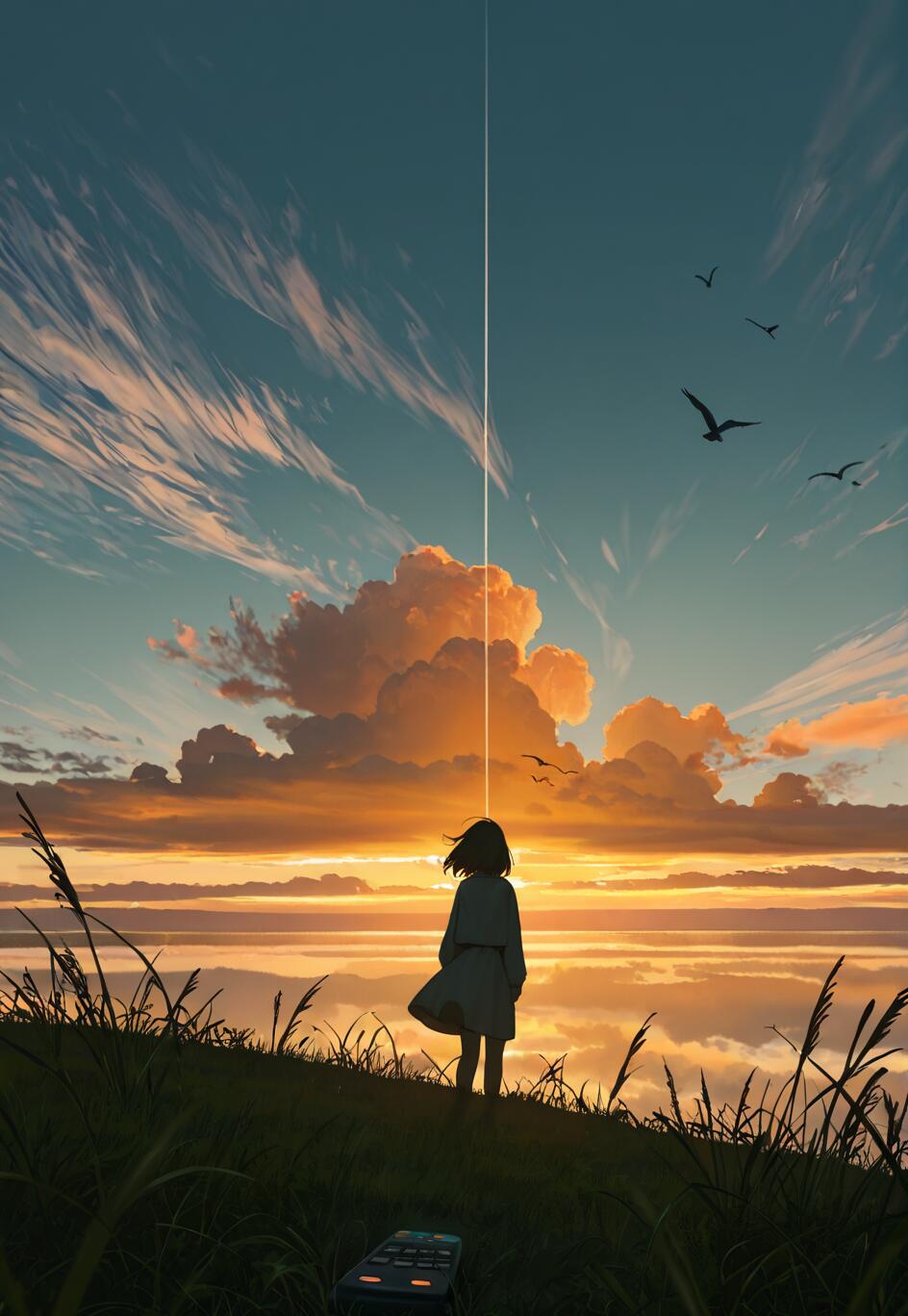 An anime-style illustration of a young girl standing on a grassy hill, looking out at a stunning golden sunset over a vast landscape. A thin, vertical line of light comes down from the sky, and a remote control rests in the grass nearby.