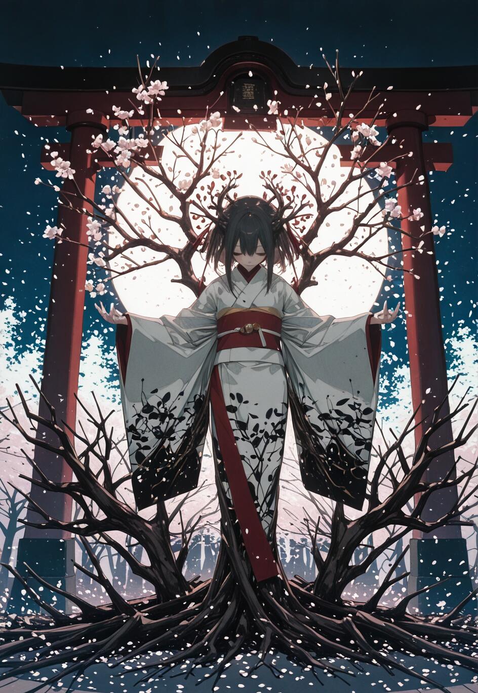An anime-style illustration of a young woman with dark hair in a white and black kimono standing before a red torii gate. She is fused with a dark, gnarled tree whose branches, blooming with cherry blossoms, frame a large full moon behind her.