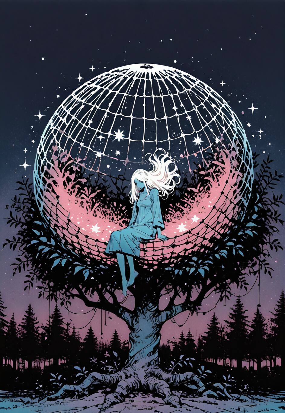 A fantasy illustration of a girl with long white hair in a blue dress, sitting on a giant, glowing spherical net in a treetop. The net has captured stars from the night sky, which is visible above a dark forest.