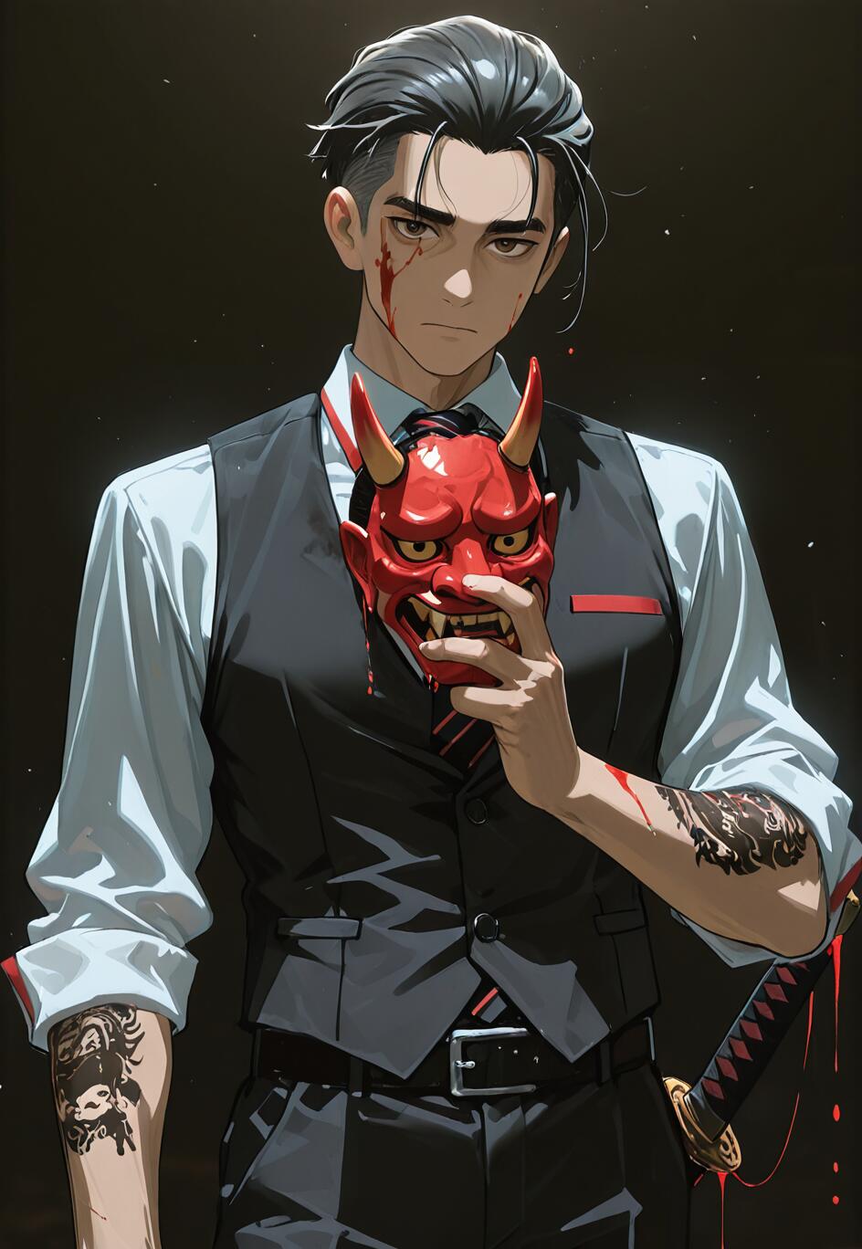 An anime-style illustration of a handsome man in a black vest and tie, with blood on his face, holding a red Japanese Oni mask. He has tattoos on his arms and a katana at his side against a dark background.
