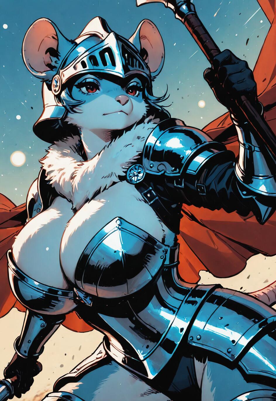 A digital illustration of a female anthropomorphic mouse warrior in full plate armor and a helmet, holding a mace with a red cape flowing behind her. She has a determined look on her face.