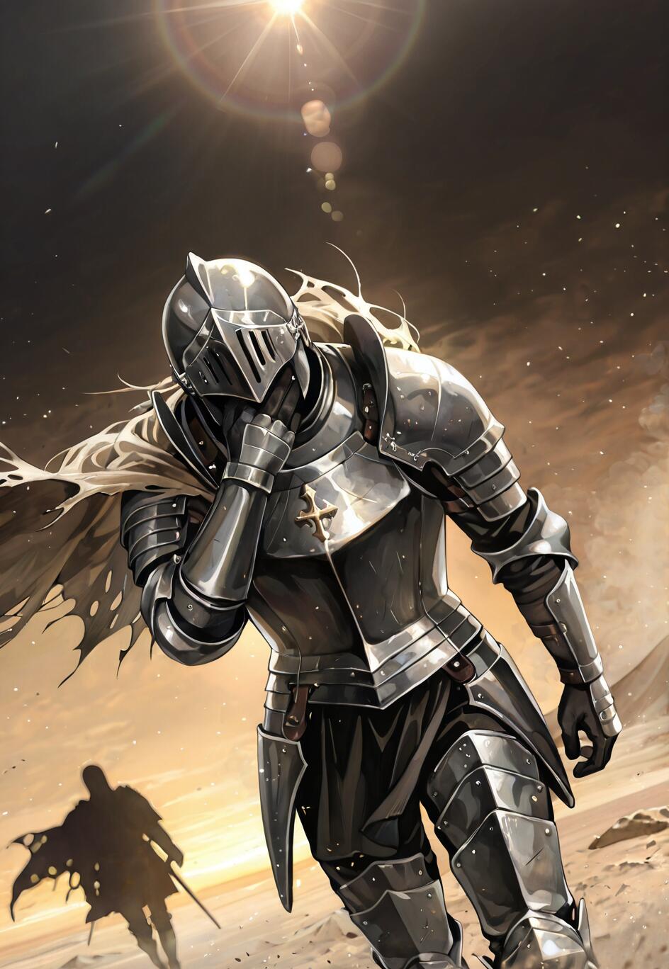 A knight in full metal armor stands in a desert, head bowed with one hand over their helmet in a pose of despair. The sun shines brightly above, and a silhouetted figure walks away in the background.