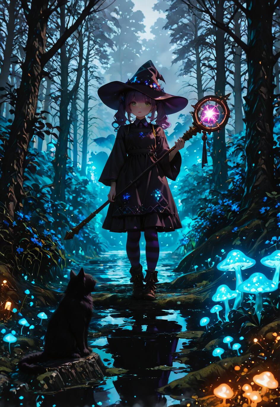 A full-length illustration of a young anime-style witch with purple hair and a large hat, holding a glowing staff in a magical forest at night. A black cat sits in the foreground amidst glowing blue mushrooms.