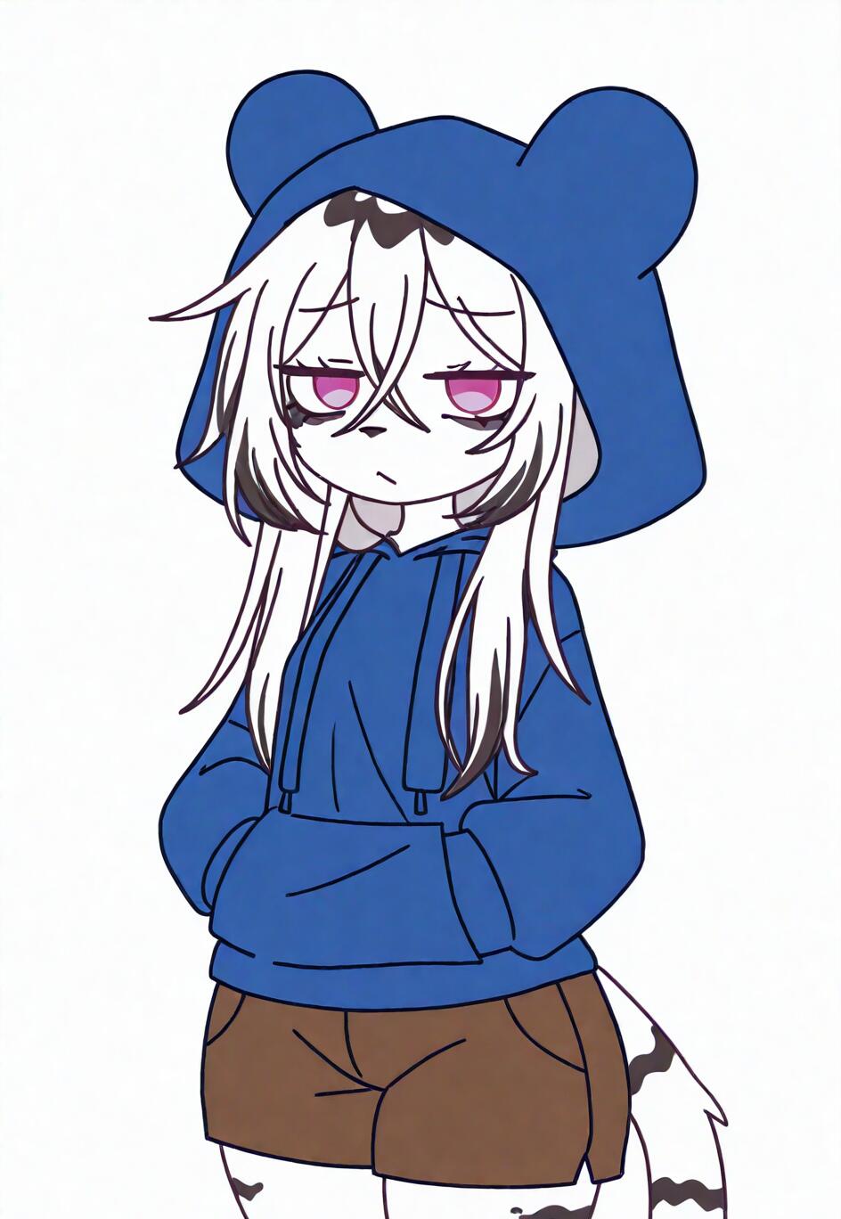 A full-body illustration of an anthropomorphic white tiger girl named Hannah. She has long white hair with black streaks, tired pink eyes, and is wearing a blue hoodie with bear ears and brown shorts. She stands with her hands in her pockets against a plain white background.