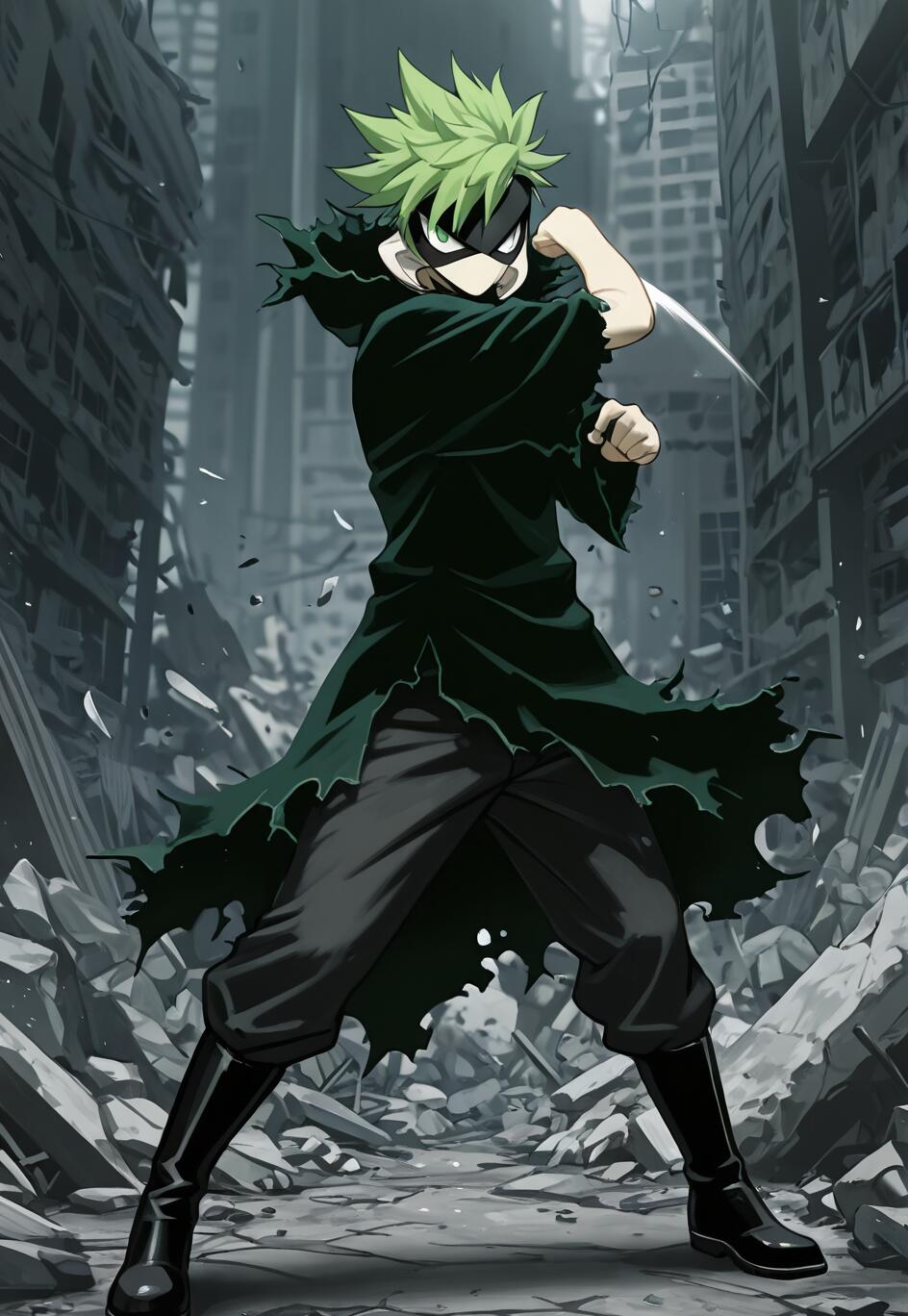 A full-body illustration of Togaru Kamakiri, a young man with spiky green hair and a black eye mask, from My Hero Academia. He is in a fighting pose in the middle of a ruined city, wearing a tattered dark cloak and black boots.