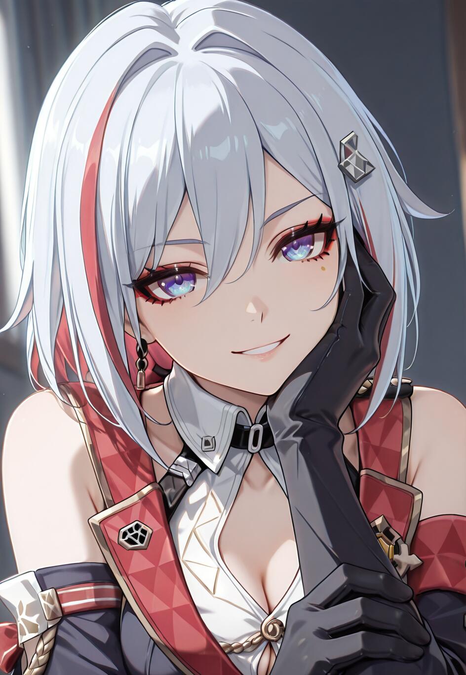 A close-up portrait of Topaz from Honkai: Star Rail. She has short white and red hair, purple eyes, and is smiling while resting her black-gloved hand on her cheek.