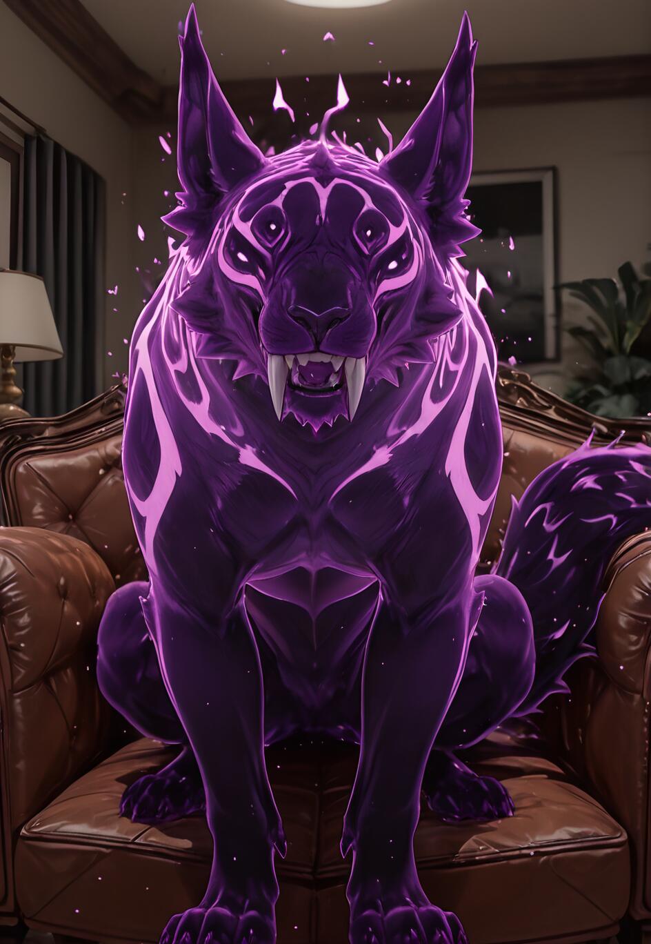 A large, monstrous wolf-like creature named Trouble, made of dark purple energy with glowing violet markings, sits on a brown leather armchair in a dimly lit living room. The creature has six glowing eyes and sharp white fangs.