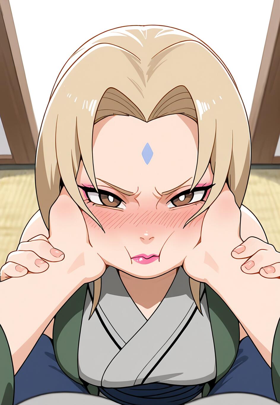 An anime illustration of Tsunade from Naruto having her cheeks squeezed. She is blushing heavily with an angry, pouty expression on her face.