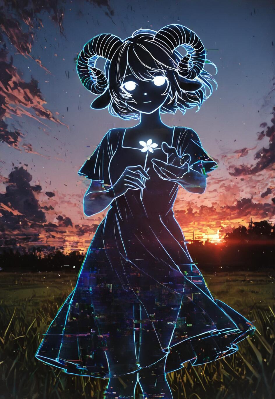 An anime-style illustration of a translucent girl with glowing white outlines and ram horns. She stands in a field at dusk, offering a small glowing flower. Her body has a digital glitch effect, especially on her dress.