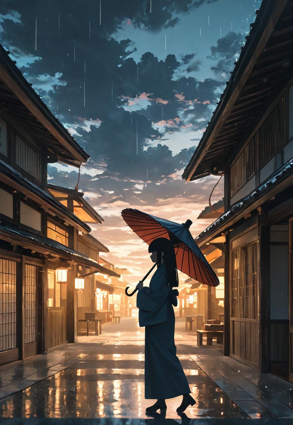 An anime-style illustration of a woman in a dark kimono holding a red and black umbrella, walking down a wet street in a traditional Japanese village at dusk as it rains.