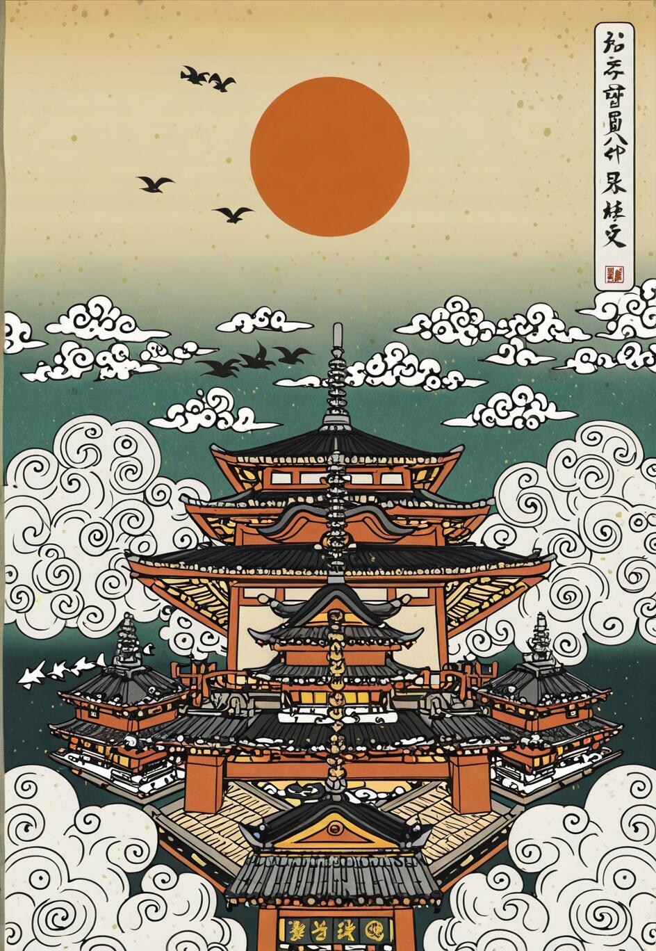 An illustration of a multi-story Japanese pagoda in the Ukiyo-e style, floating amidst a sea of stylized white clouds under a large orange sun.
