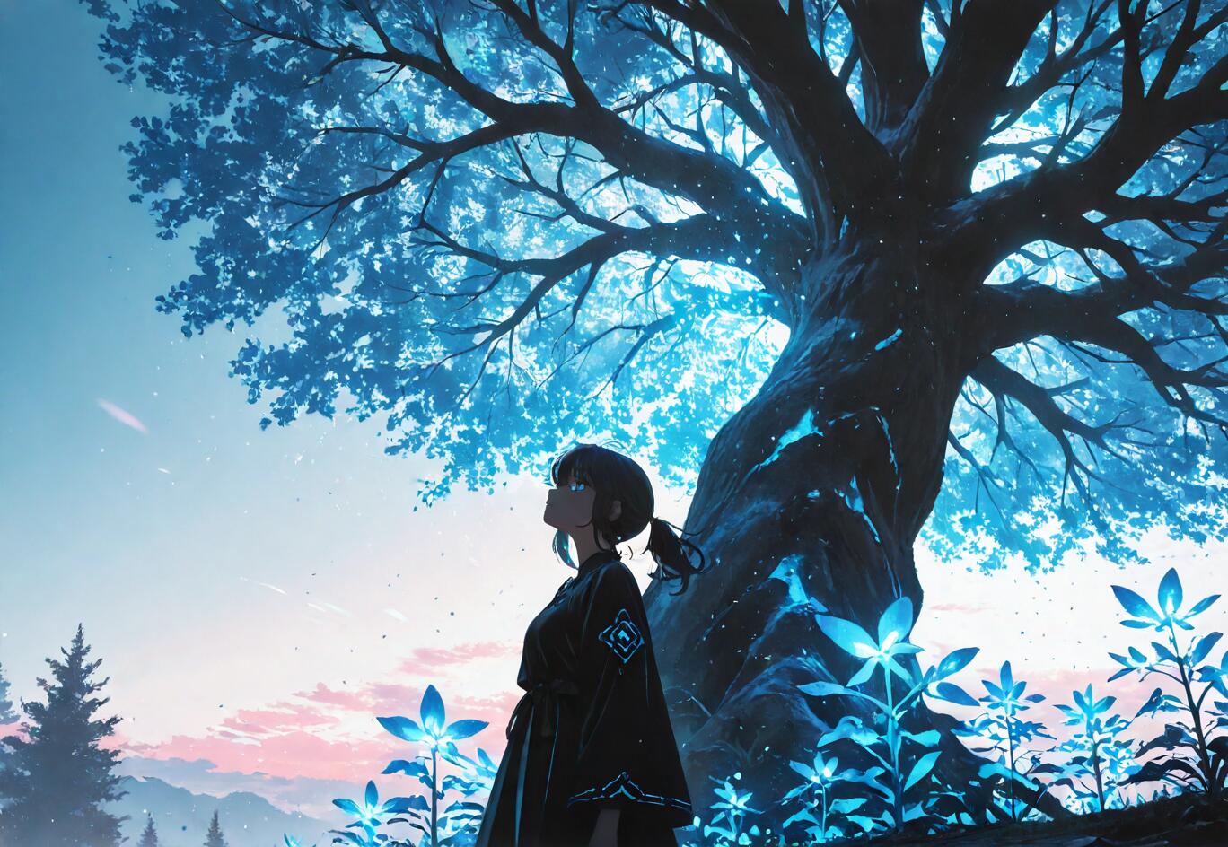 An anime-style illustration of a young woman with dark hair in a black cloak looking up at a massive, magical tree that glows with a vibrant blue light. The surrounding plants are also bioluminescent, illuminating the fantasy landscape.