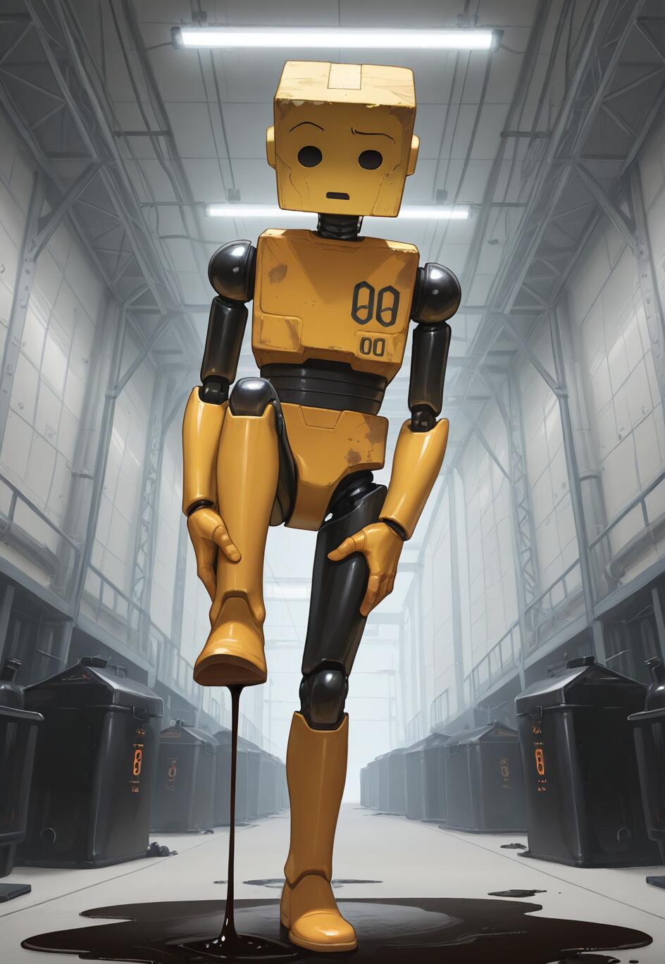 A sad-looking yellow and black robot with a square head stands in a factory, holding its foot as black oil leaks out and forms a puddle on the floor.