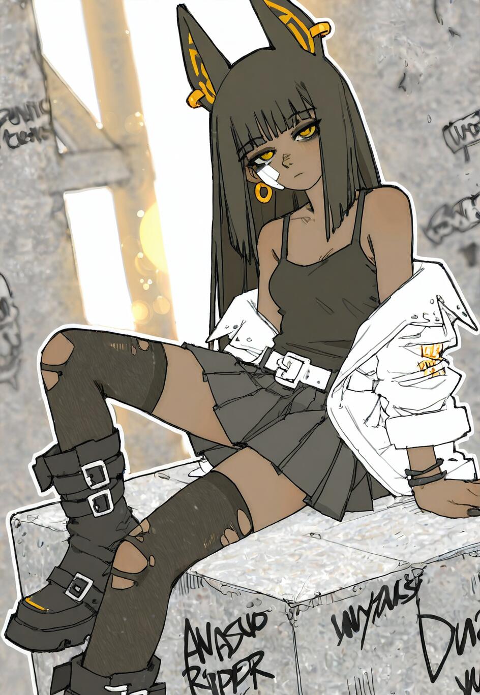 A full-body illustration of Deuce from Arknights, a dark-skinned anime girl with black jackal ears and yellow eyes, sitting on a concrete block. She is wearing a modern urban outfit consisting of a black top, pleated skirt, torn thigh-highs, and a white jacket.