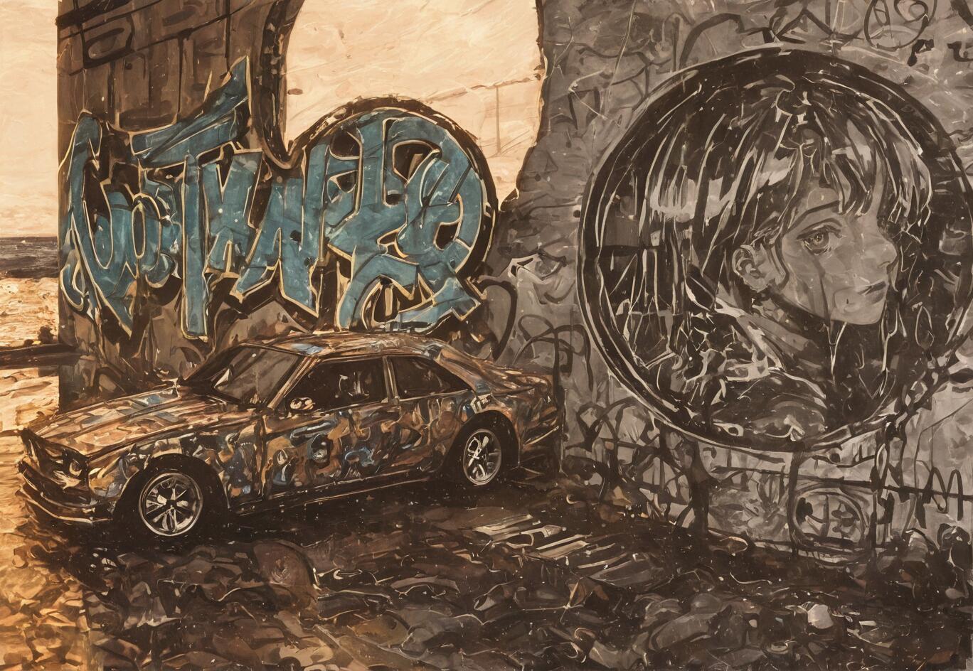 An illustration of a custom car on a wet street next to a wall covered in graffiti. One piece of graffiti is a large blue tag, and the other is a circular black-and-white portrait of an anime girl. The scene is set under a bridge at sunset with the ocean in the background.