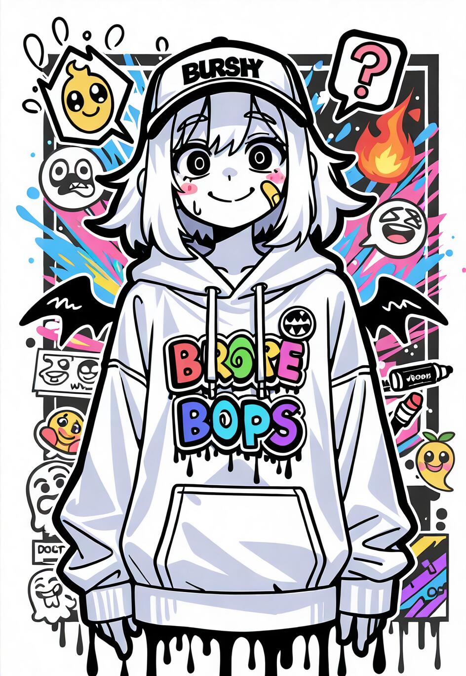 An anime girl with white hair, a wide smile, and a bandage on her cheek, wearing a white hoodie and a baseball cap. She is surrounded by a chaotic explosion of colorful graffiti, doodles, stickers, and emojis against a white background.