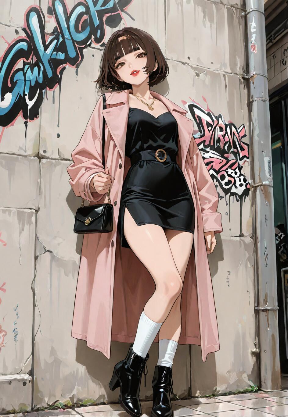 A full-body illustration of a stylish anime girl with short brown hair, wearing a pink trench coat over a black mini dress, and black heeled boots. She is leaning against a graffiti-covered wall in a city alley.
