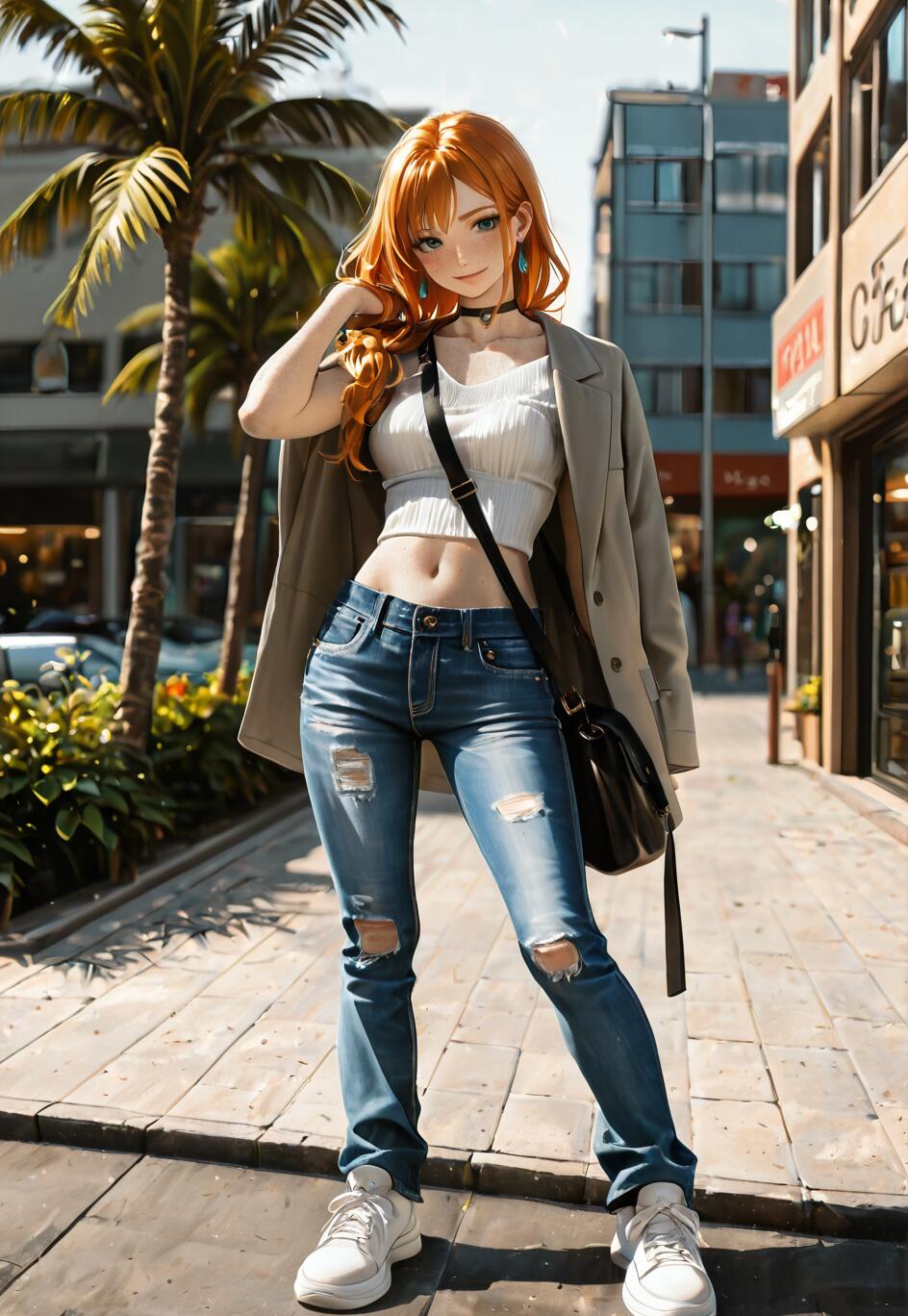 Full-body illustration of Nami from One Piece with long orange hair, wearing a white crop top, ripped blue jeans, a grey blazer, and white sneakers, posing on a sunny city street with palm trees.