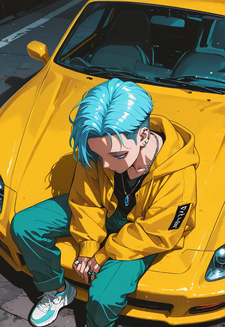 An anime-style illustration of a young man with blue hair and a yellow jacket sitting on the hood of a yellow sports car, looking down.