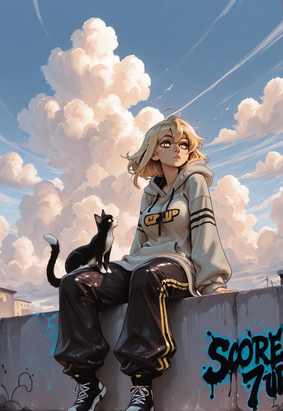 A young woman with blonde hair in a hoodie and a black cat sit together on a graffiti-covered wall, looking out under a sky filled with large white clouds.