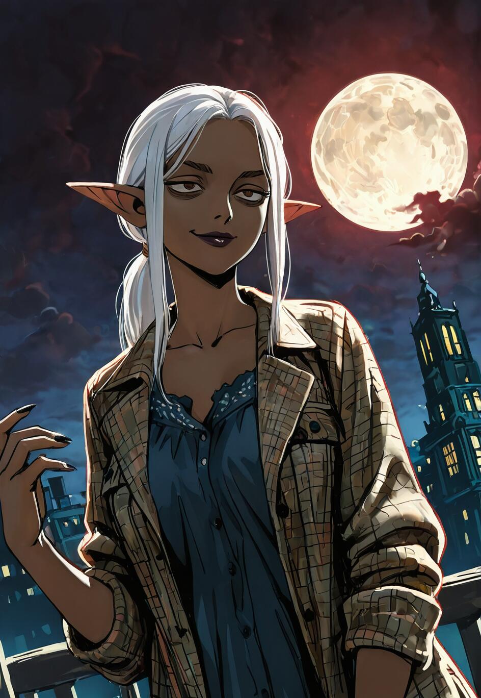 A digital illustration of a dark-skinned elf woman with white hair in a ponytail, smirking at the viewer. She wears a plaid jacket over a blue blouse and stands on a balcony at night, with a full moon and a dark city tower in the background.