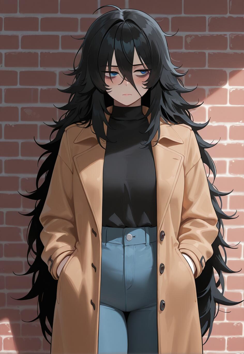An anime-style girl with long, messy black hair and tired blue eyes stands against a brick wall. She is wearing a tan trench coat, a black turtleneck, and blue jeans, with her hands tucked into her coat pockets.