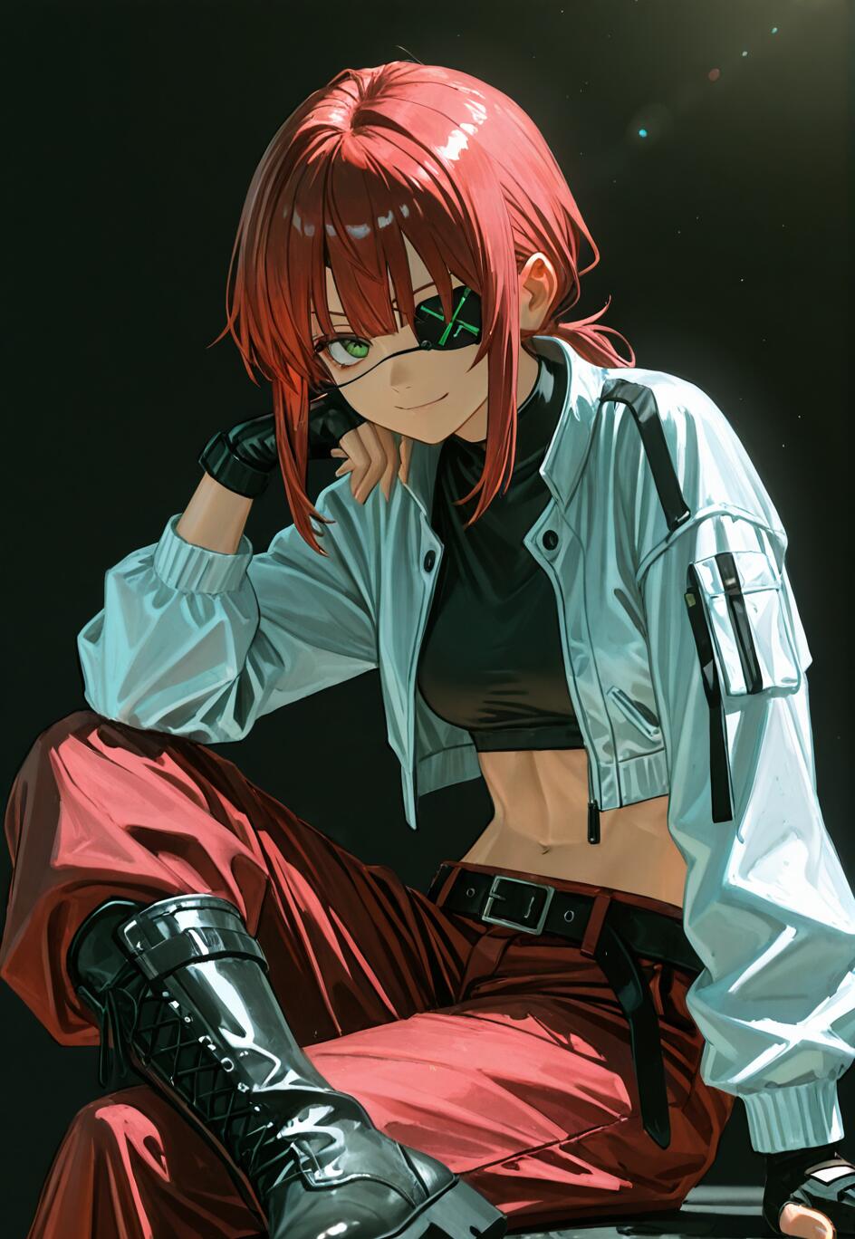 A full-body illustration of an anime girl with short red hair and green eyes sitting down. She wears a white jacket, a black crop top, red pants, black boots, and fingerless gloves. She has a black eyepatch with a green X over her left eye and is smirking at the viewer while resting her chin on her hand.