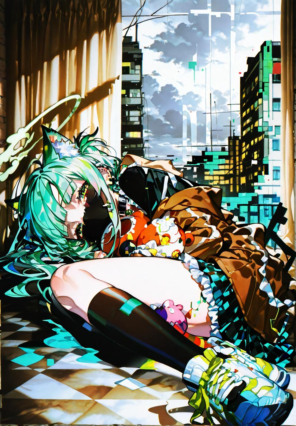 An anime-style girl with long green hair and cat ears lying on a checkered floor in a sunlit room. She wears a brown jacket and black stockings, and a window behind her shows a modern, glitch-art cityscape.