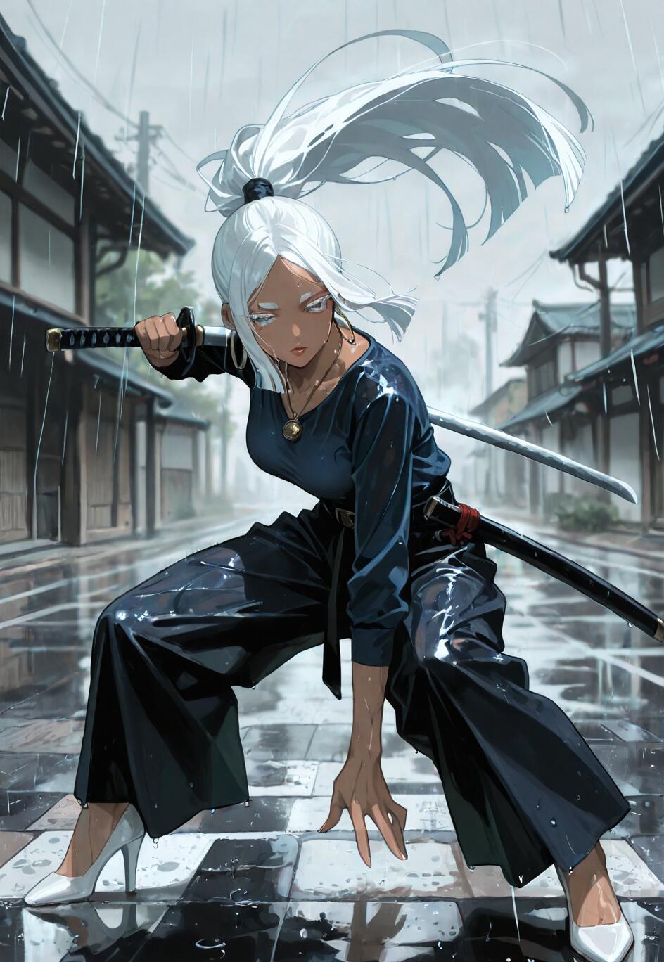 A full-body digital illustration of a dark-skinned woman with a long white ponytail in a dynamic sword-drawing pose. She wears a dark blue outfit and white heels while holding a katana in the rain on a traditional Japanese street.