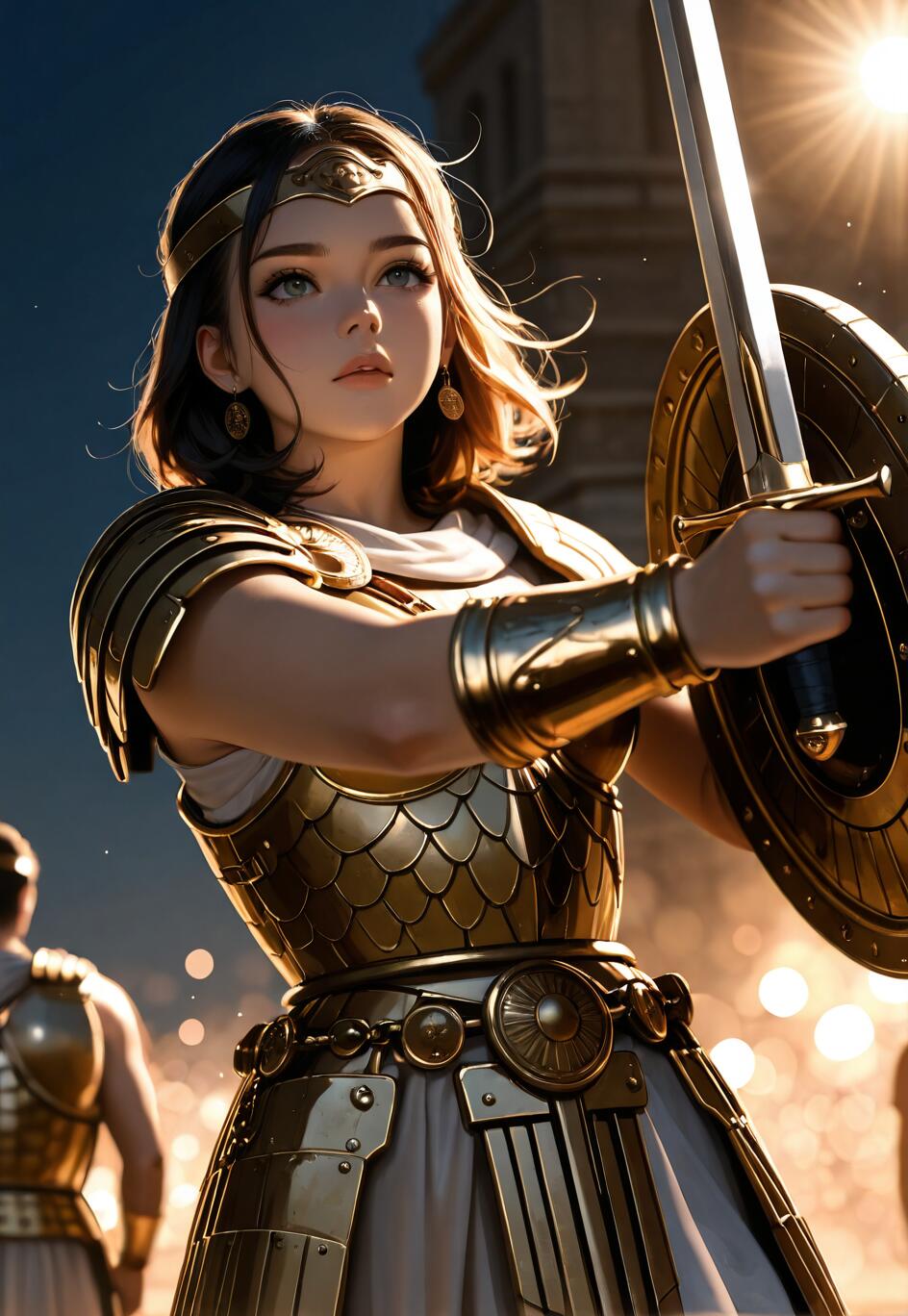 A close-up digital illustration of a young woman with short brown hair and green eyes wearing intricate golden armor. She is holding a sword and a round shield, looking upwards with a determined expression as a bright sun flares in the background.