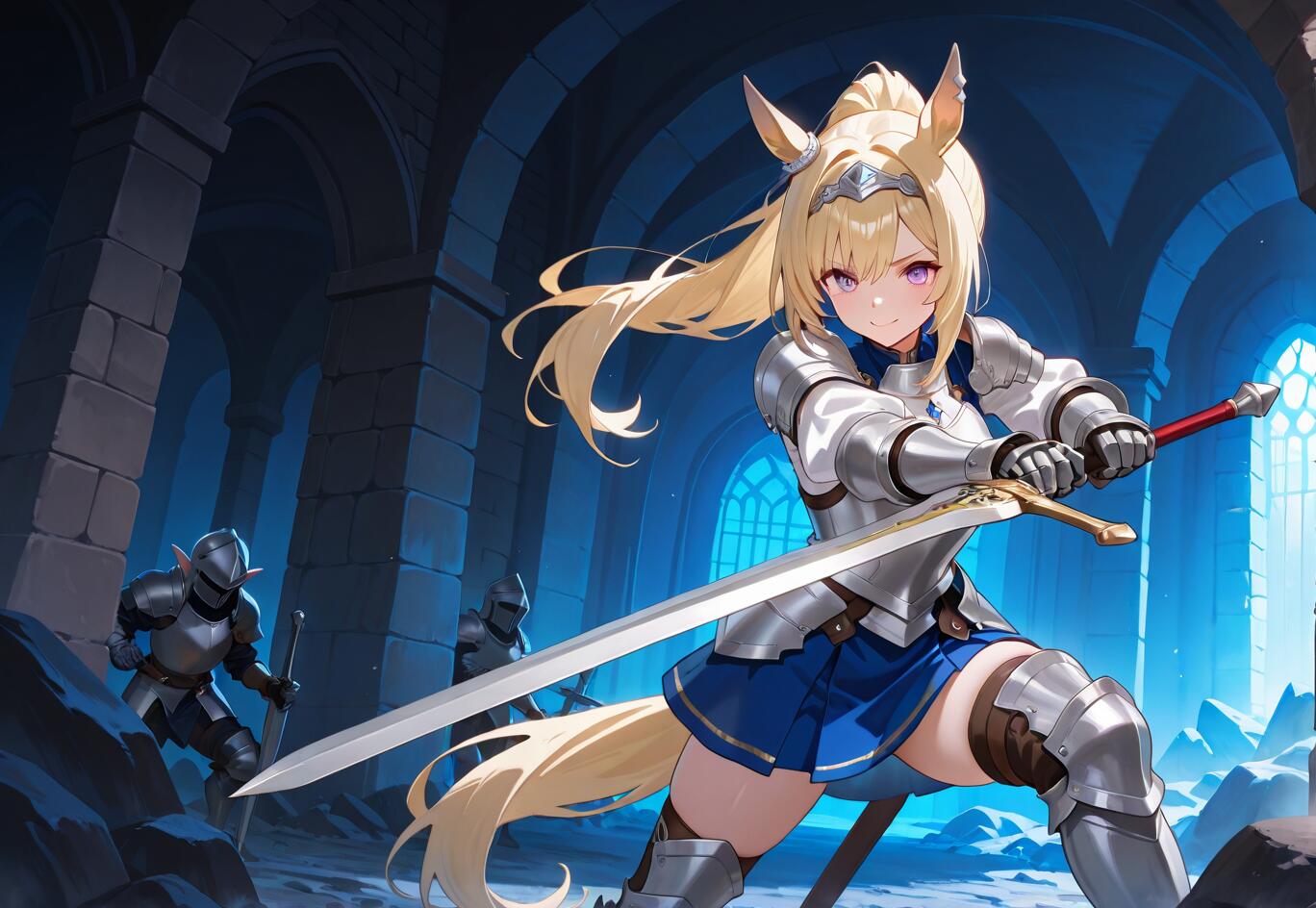 Gold Ship from Uma Musume Pretty Derby depicted as a blonde knight with horse ears, holding a large sword in a stone dungeon with other knights in the background.