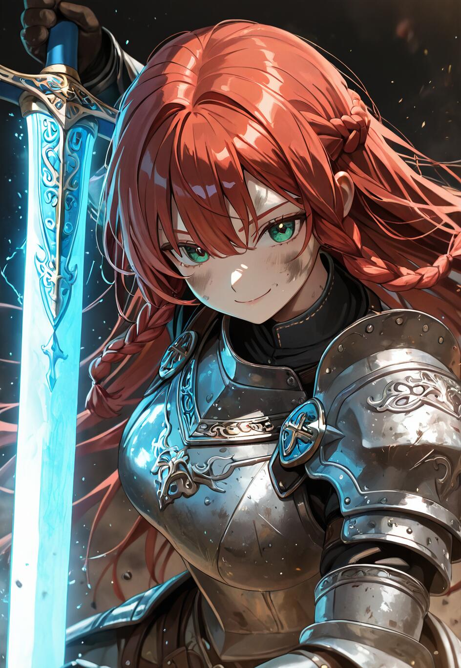 A young female knight with long, braided red hair and green eyes, smiling confidently. She is clad in ornate silver armor and holds a large, glowing blue sword in a vertical pose.