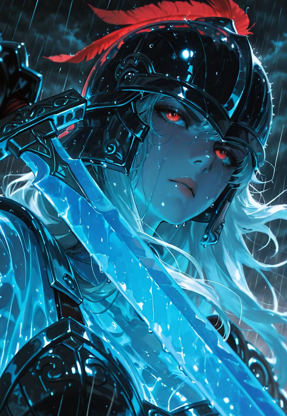 An anime-style portrait of a female warrior with long white hair and glowing red eyes. She wears dark armor and a helmet with a red plume, holding a large, glowing blue sword in the rain.