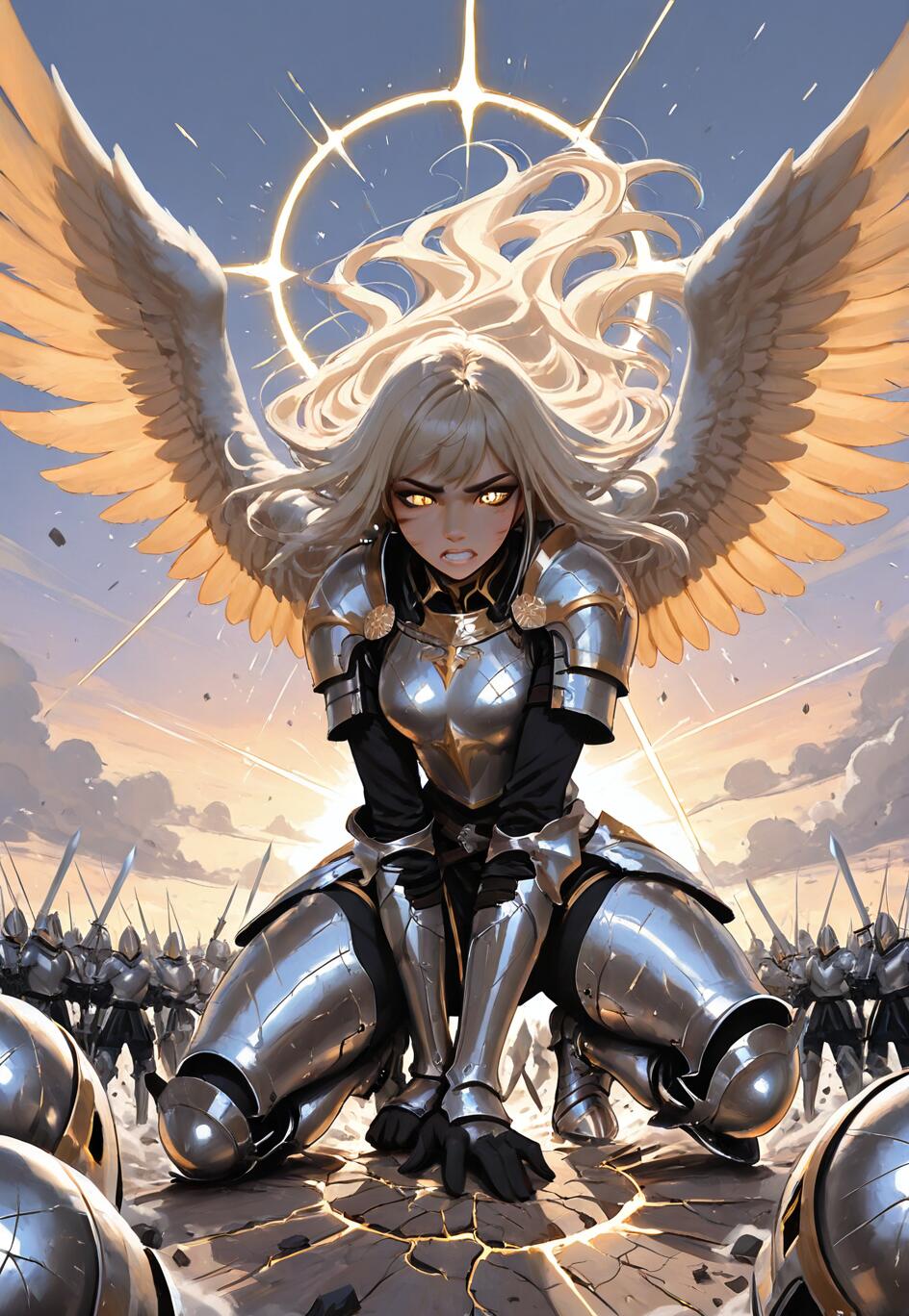 An anime-style female angel warrior in full silver plate armor kneels on a battlefield. She has large white wings, a halo, and long blonde hair. The ground beneath her is cracking with light, and an army of soldiers is in the background.