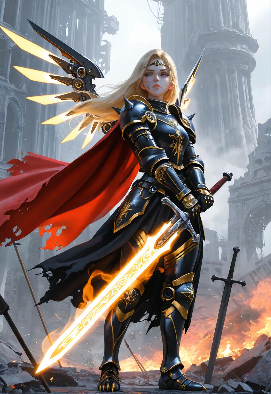 A full-body portrait of a blonde female knight in ornate black and gold armor with glowing mechanical wings, holding a large, fiery magical sword amidst the fiery ruins of a city.