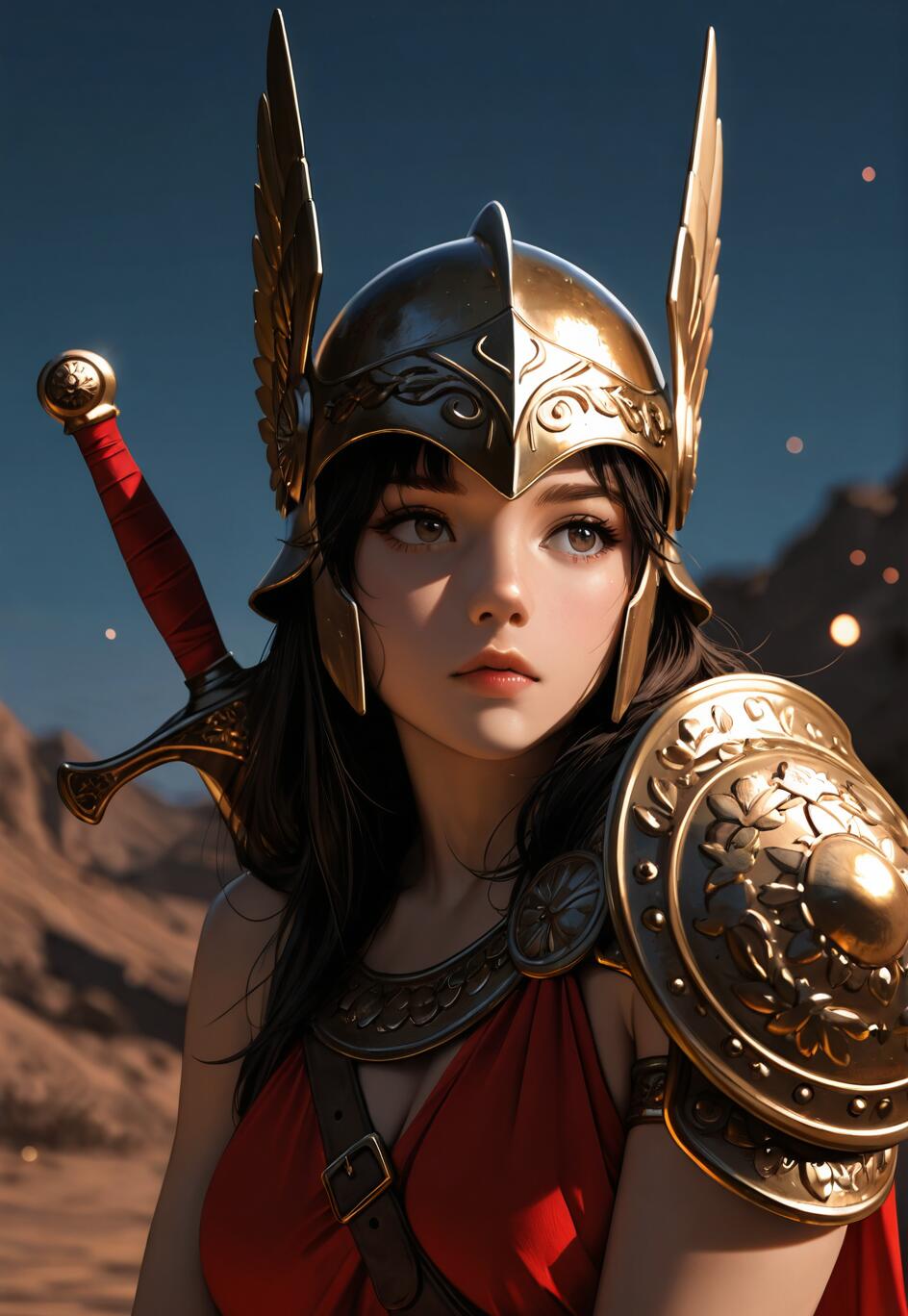 A close-up digital illustration of a young female warrior in a golden winged helmet and shoulder armor, carrying a sword on her back. She has long dark hair and is set against a dusky mountain landscape with a starry sky.