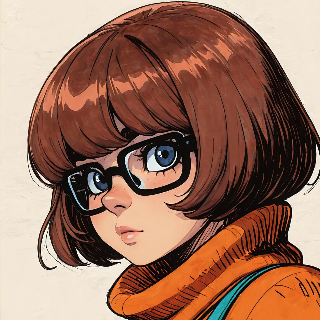 A close-up, anime-style illustration of Velma from Scooby-Doo. She has a brown bob haircut, large black glasses, and is wearing an orange turtleneck sweater, looking slightly over her shoulder.