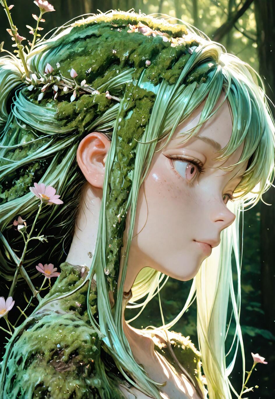 A close-up profile of an ethereal anime-style girl with long, light green hair that is adorned with moss and small pink flowers, appearing as a spirit of the forest.