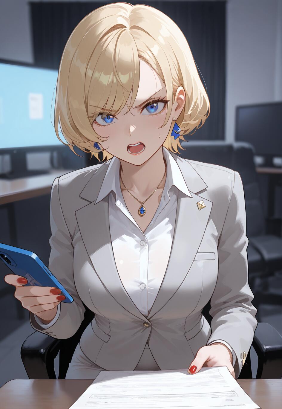 An anime-style illustration of Veronica Caleillu, a woman with short blonde hair and blue eyes, looking angry in a grey business suit while sitting at an office desk. She is holding a phone and pointing at a paper.