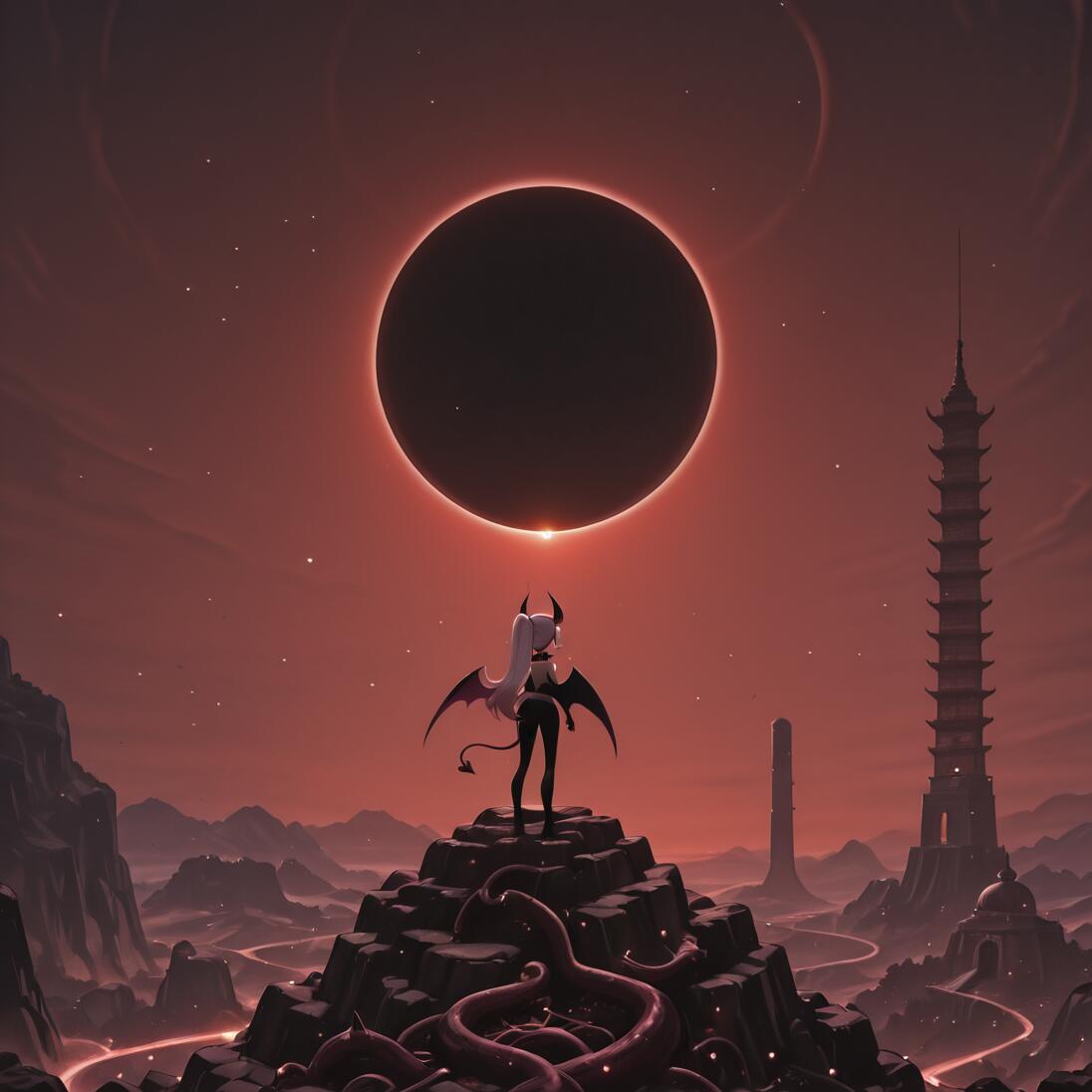 Verosika Mayday, an imp character with long white hair, horns, and wings, stands on a mountain peak looking at a hellish landscape with a tall pagoda under a total solar eclipse.