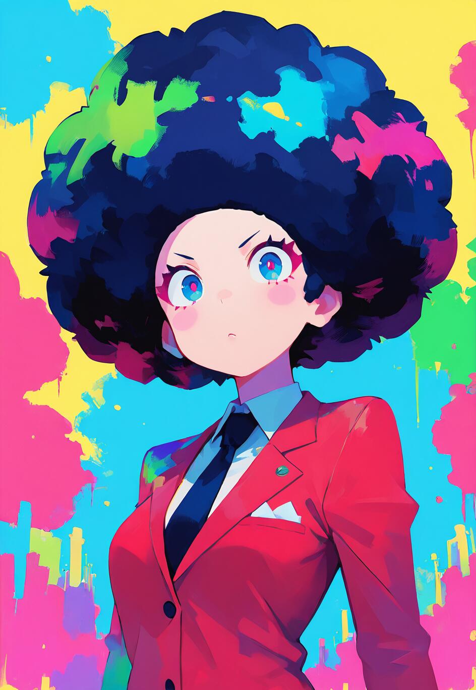 An anime-style woman with a giant, multicolored afro and wide blue eyes, wearing a red suit and tie, set against a colorful, paint-splattered background of yellow, pink, and cyan.