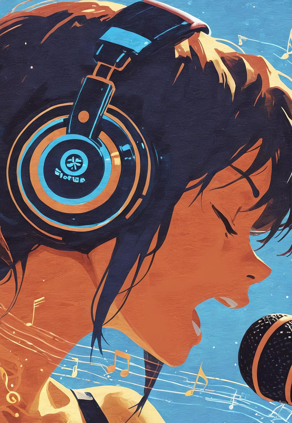 A stylized, painterly portrait of a young woman with dark hair wearing large headphones and singing with closed eyes into a microphone against a blue background with musical notes.