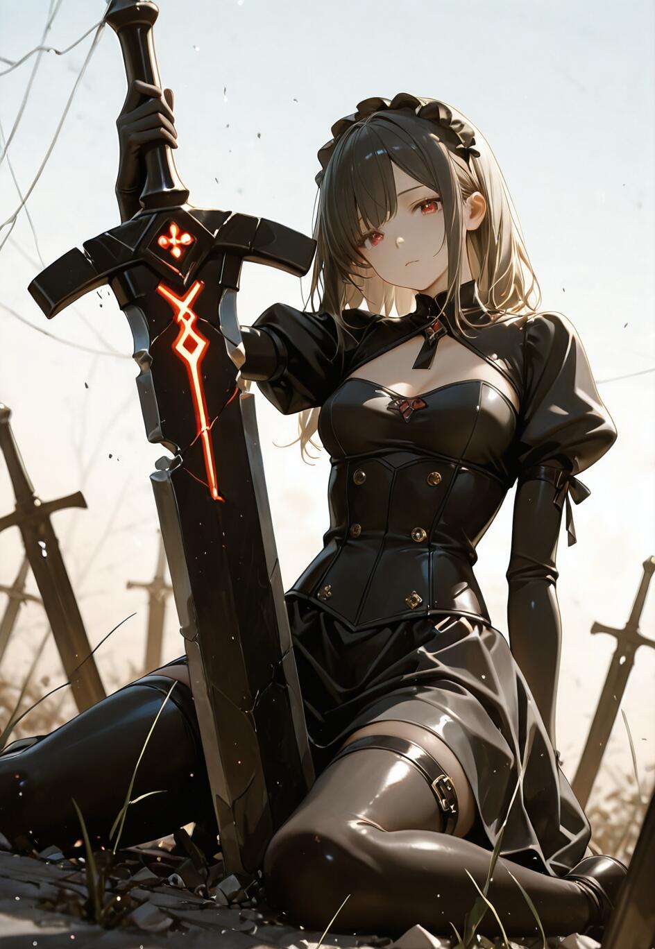 A full-length illustration of an anime girl with dark hair and red eyes, dressed in a black gothic warrior outfit, kneeling on a battlefield while holding a large, broken black sword with glowing red cracks.