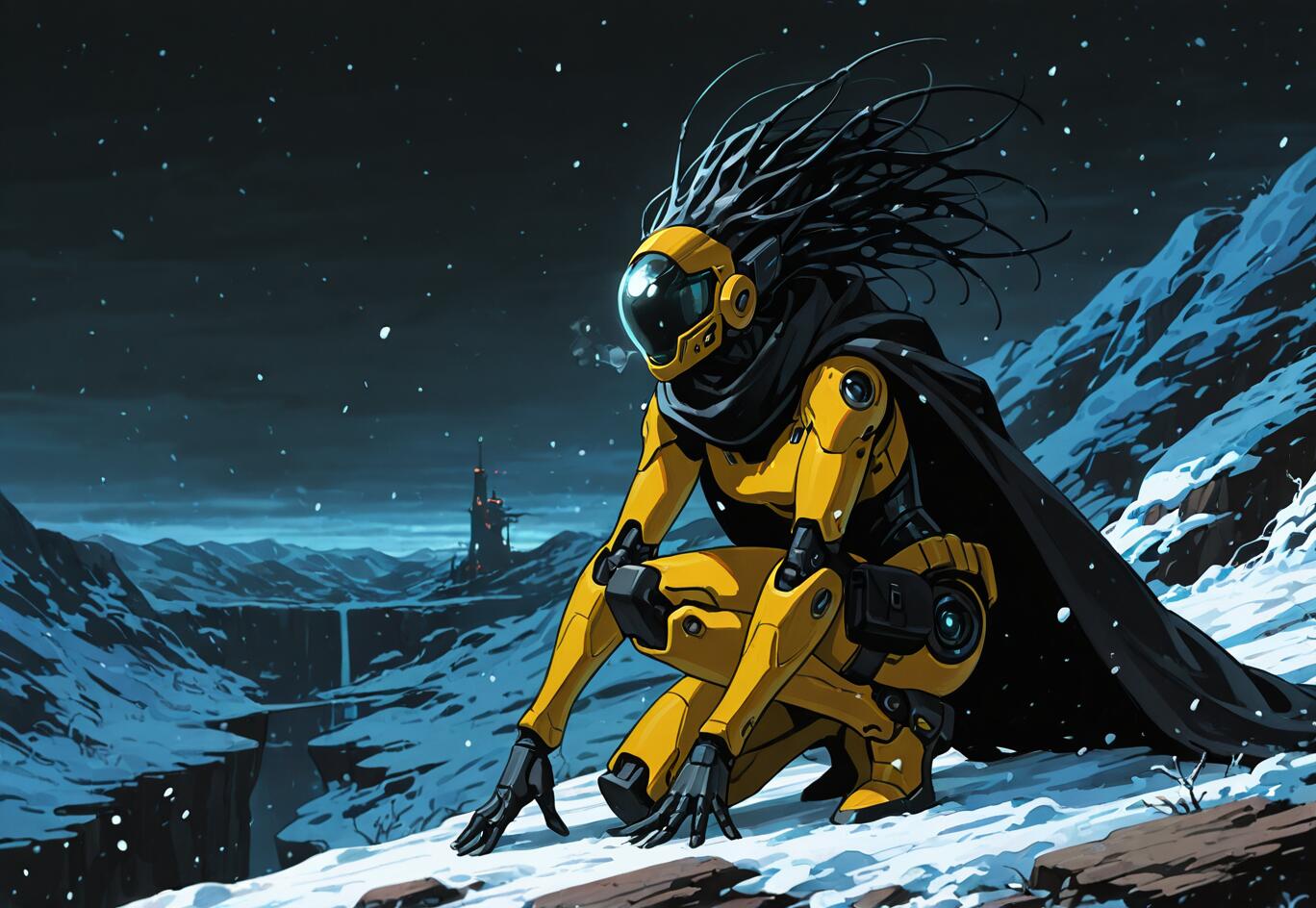 A female android in yellow armor and a black cape crouches on a snowy mountain at night, looking out over a frozen, futuristic landscape.