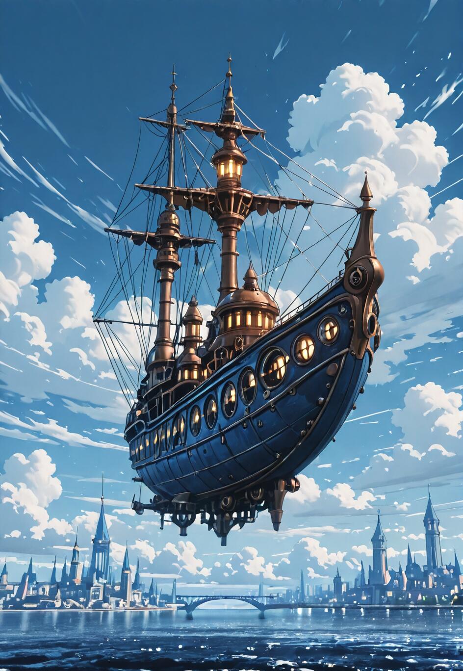 A magnificent blue and gold steampunk airship, resembling an old galleon, floats majestically in a cloudy blue sky above a sprawling fantasy city by the water.
