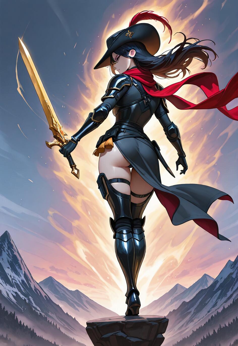 An anime-style female warrior in black armor, a red scarf, and a tricorn hat, holding a golden sword while standing on a mountain peak against a dramatic sunrise.