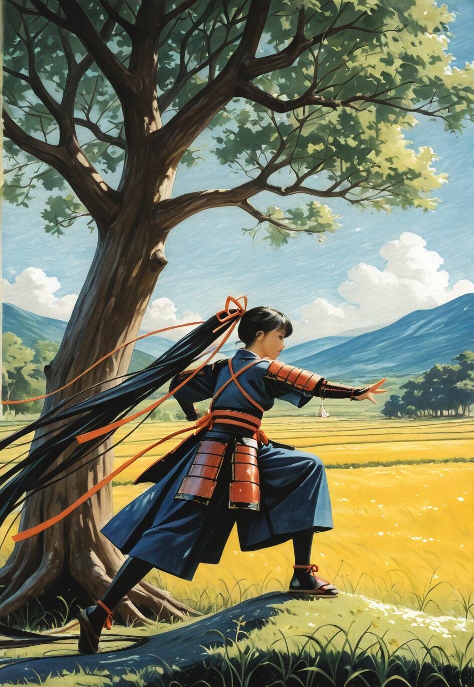 An illustration of a female Japanese warrior in a fighting stance by a large tree. She wears blue and red armor, and her exceptionally long black hair, tied with orange ribbons, flows behind her. The background shows a golden field and mountains.