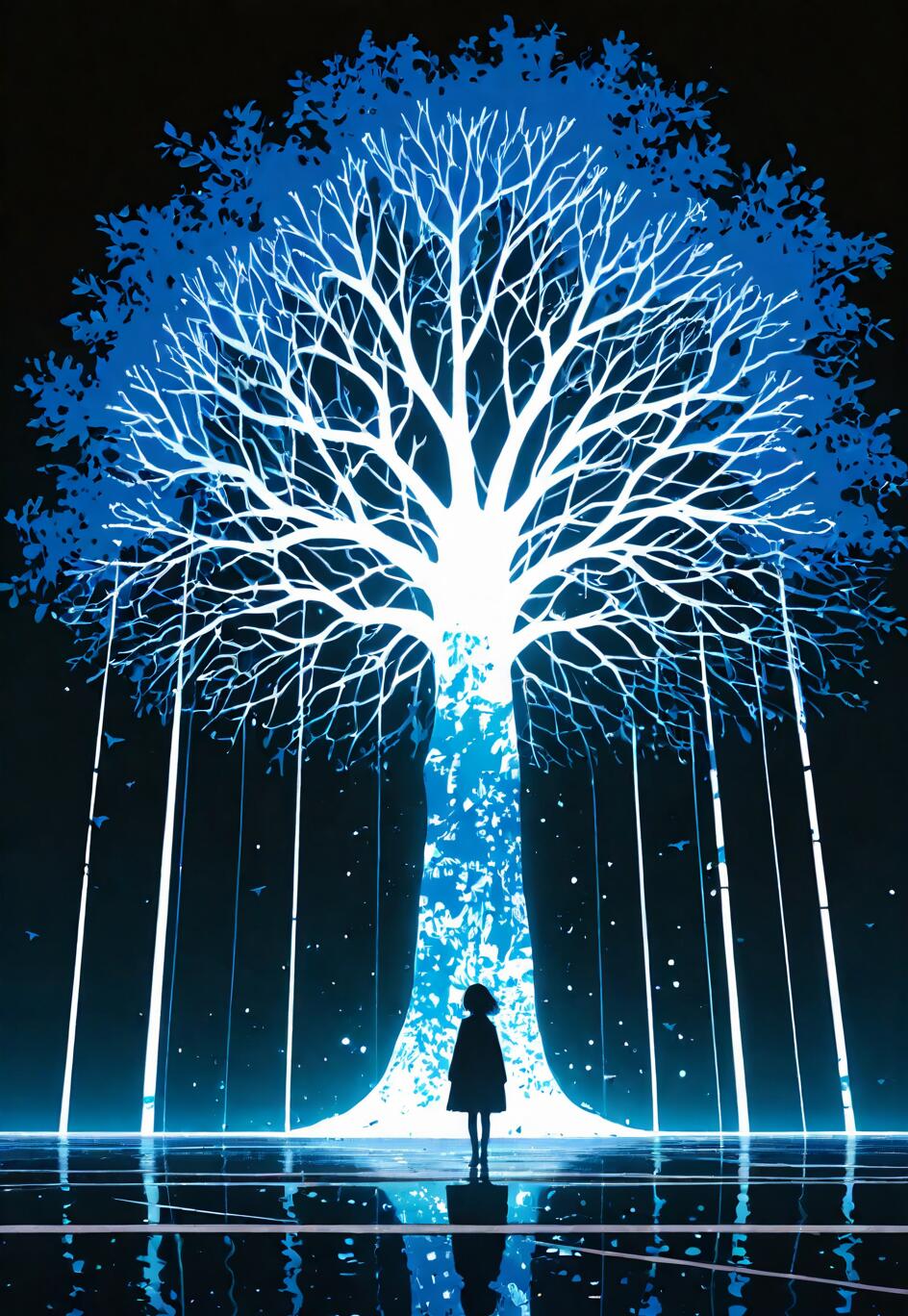 A digital illustration of a silhouetted girl standing before a massive, glowing tree with a white trunk and blue leaves against a dark background. Vertical streams of light fall around them, reflecting on the watery ground.