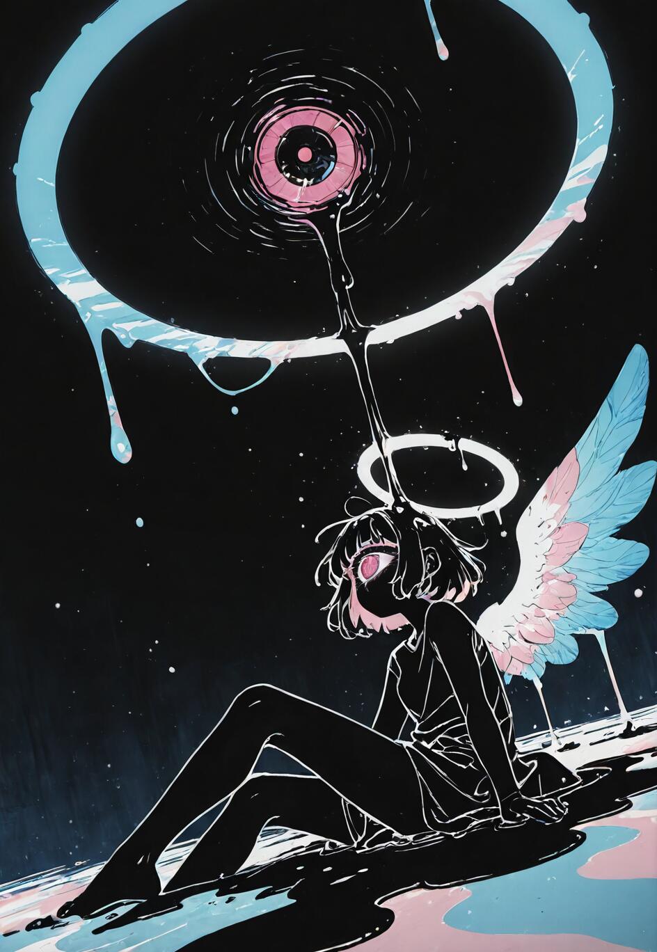 An anime-style angel with short black hair, a white halo, and pink and blue wings sits on a melting surface. A large, dripping celestial eye with a pink iris hangs in the dark sky above her, with black oil dripping onto her halo.