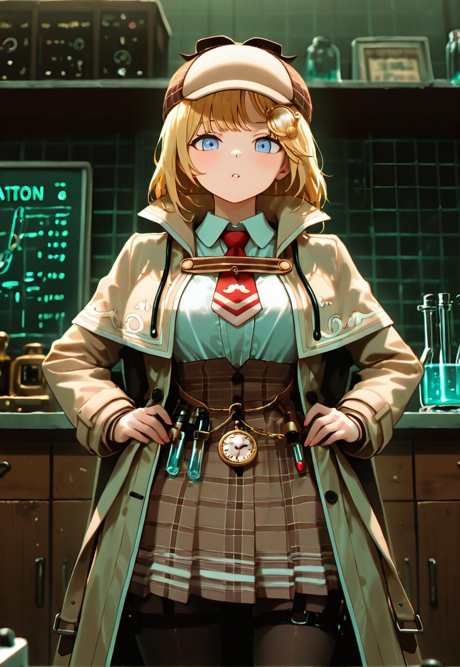 An anime-style illustration of the VTuber Watson Amelia, a blonde girl with blue eyes, wearing a detective's trench coat and hat. She stands with her hands on her hips in a dimly lit, vintage laboratory filled with scientific equipment.